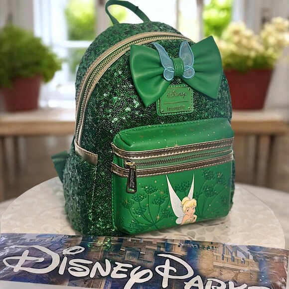 Disney Park Loungefly Tinker Bell Green Sequin Mini Backpack Exclusive Peter Pan - Picture 1 of 13